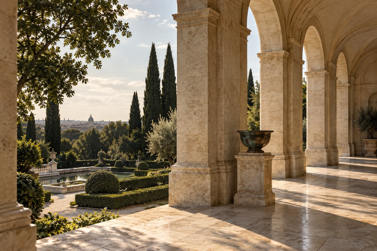 Une enfilade d’arches en pierre claire ouverte sur un jardin paisible