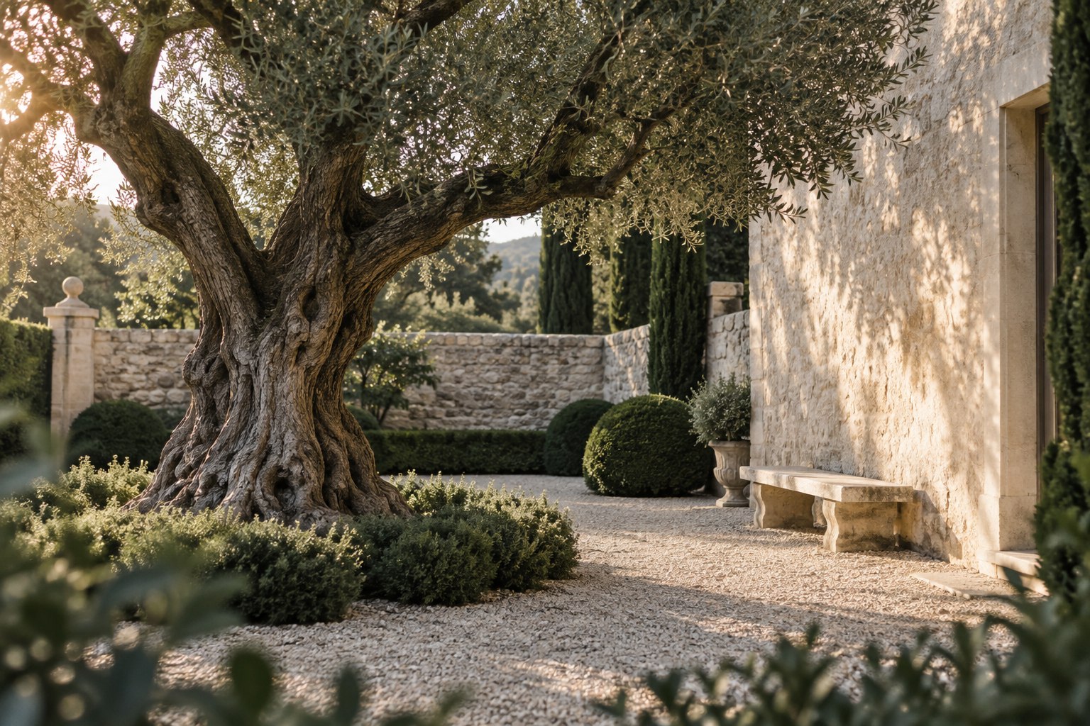 Un olivier mature dans le jardin de pierre d’une demeure, symbole du temps long
